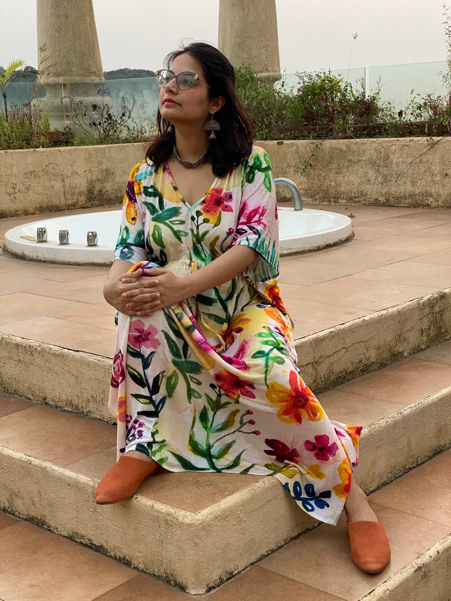 Swaying Garden "Timeless" Style Kaftan | Soft Jersey Knit Organic Cotton | Perfect Loungewear House Dress-2