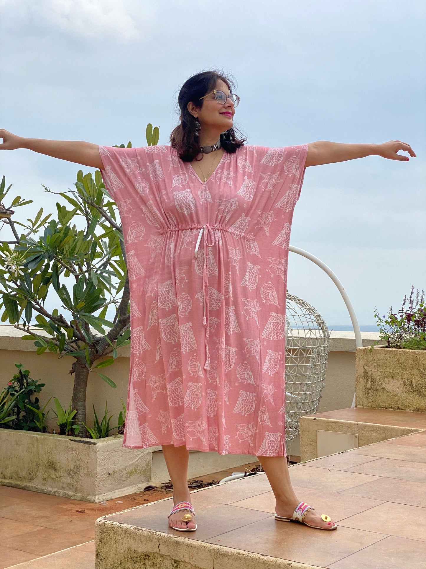 Owling Away "Timeless" Style Caftan | Soft Jersey Knit Organic Cotton | Perfect Loungewear House Dress-3