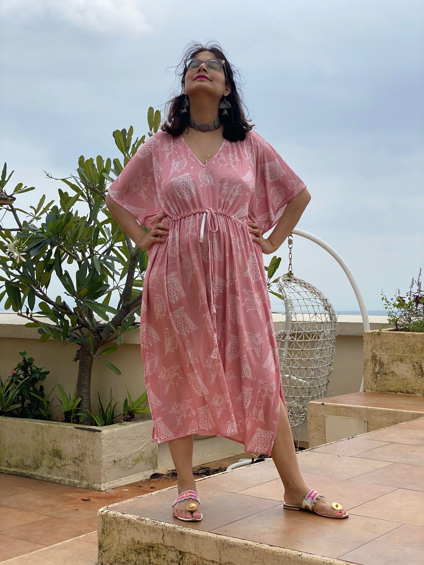 Owling Away "Timeless" Style Caftan | Soft Jersey Knit Organic Cotton | Perfect Loungewear House Dress-4