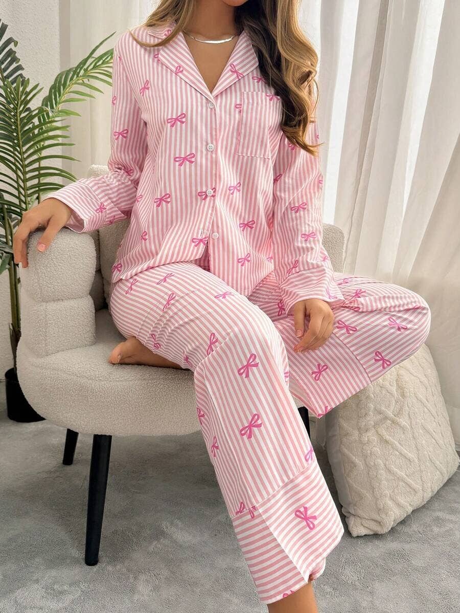 Simple Ribbon Bow Print Long Sleeve Pajama Set
