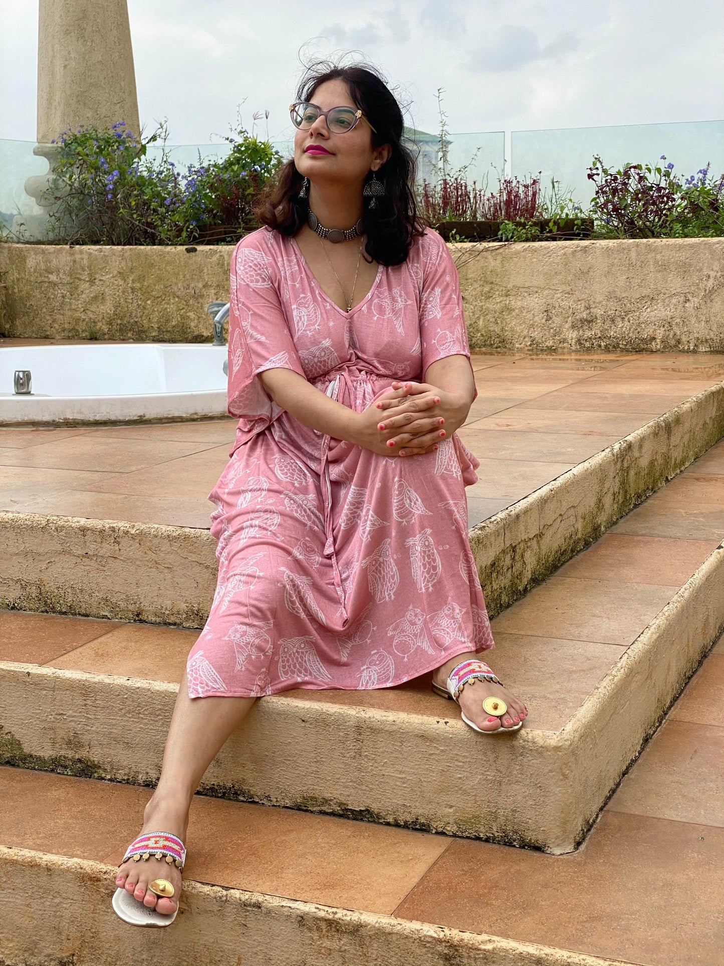 Owling Away "Timeless" Style Caftan | Soft Jersey Knit Organic Cotton | Perfect Loungewear House Dress-2
