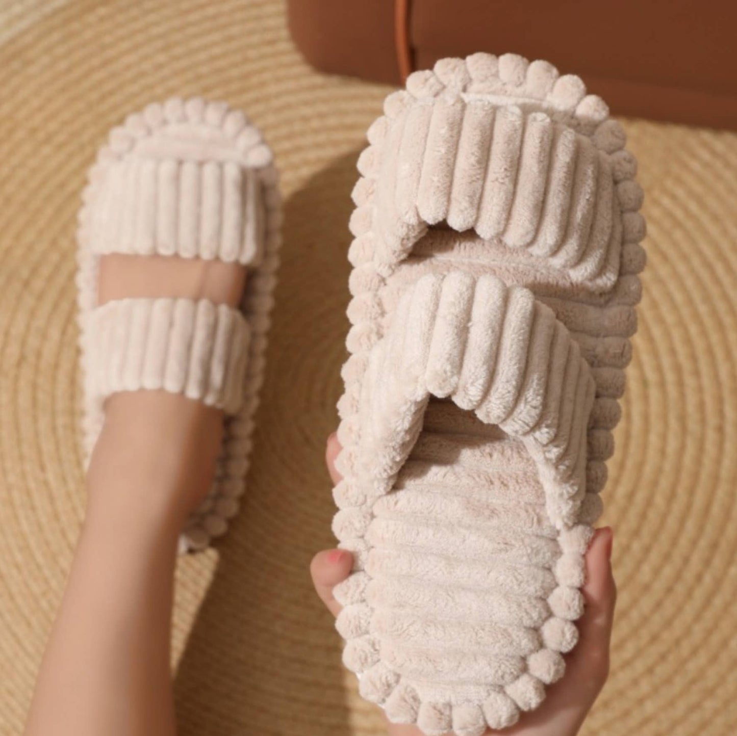 Plush Double Strap Slippers