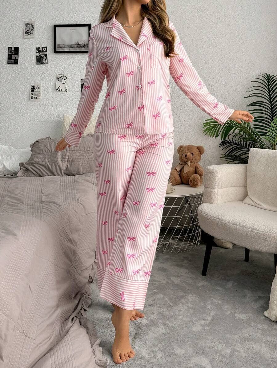 Simple Ribbon Bow Print Long Sleeve Pajama Set