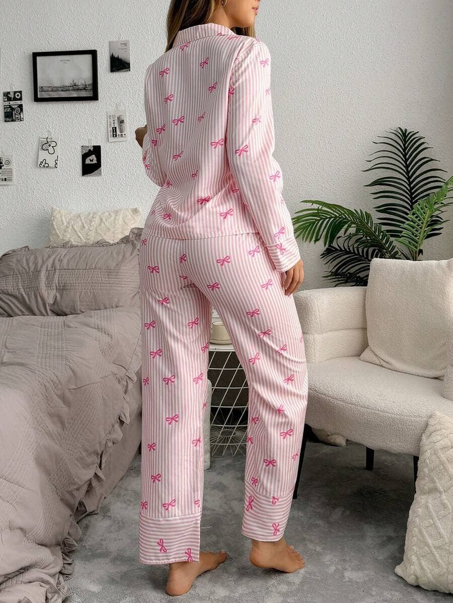 Simple Ribbon Bow Print Long Sleeve Pajama Set